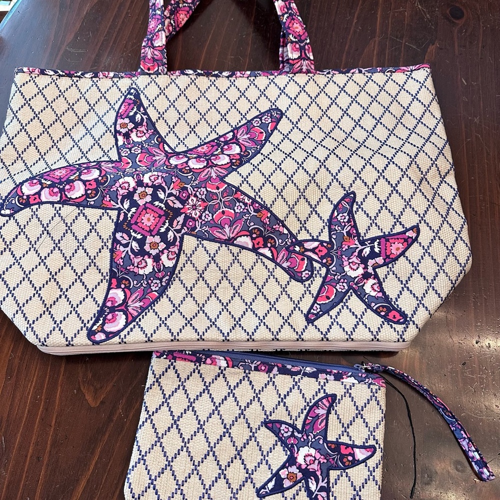 Vera Bradley magenta Pink and Blue Starfish medallion Beach Tote and Wristlet